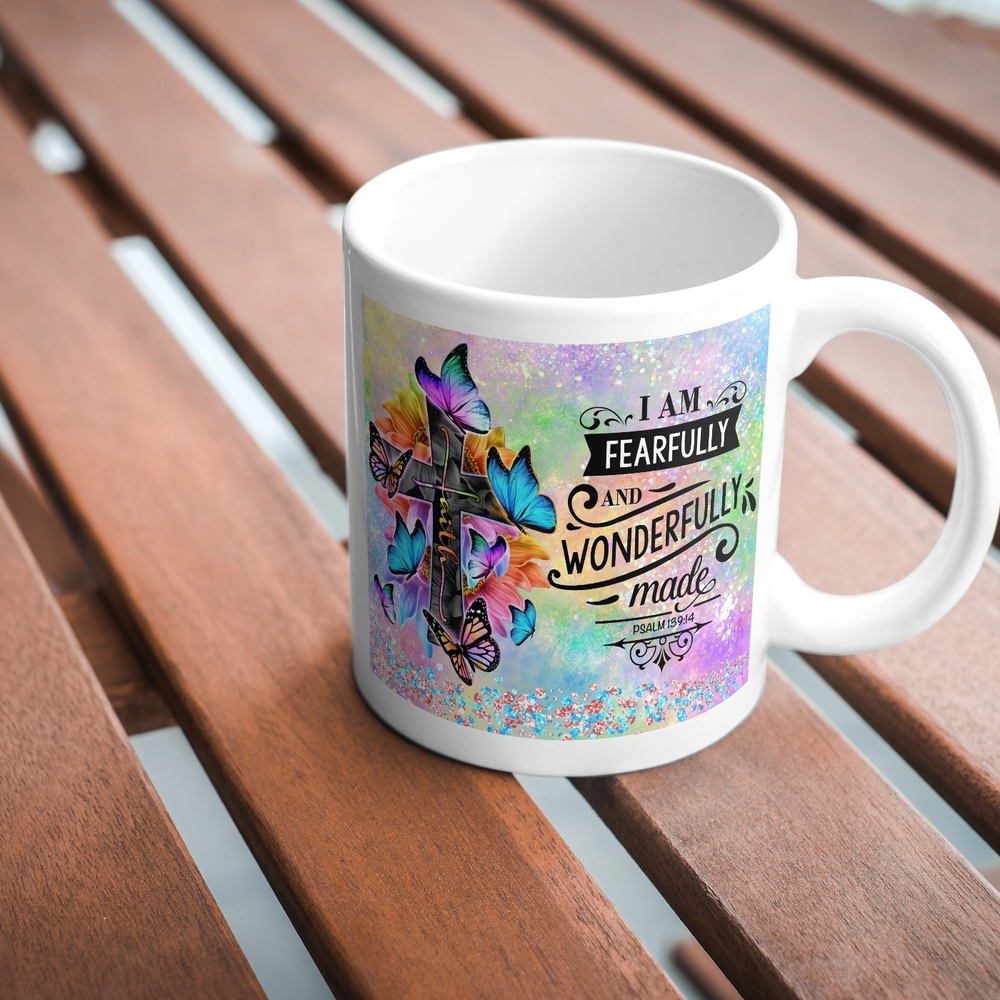 Inspirational White Mug with Colorful Butterfly Design